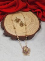 White Beads Chain with Lakshmi Pendant and Earrings - Image 2