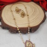 White Beads Chain with Lakshmi Pendant and Earrings